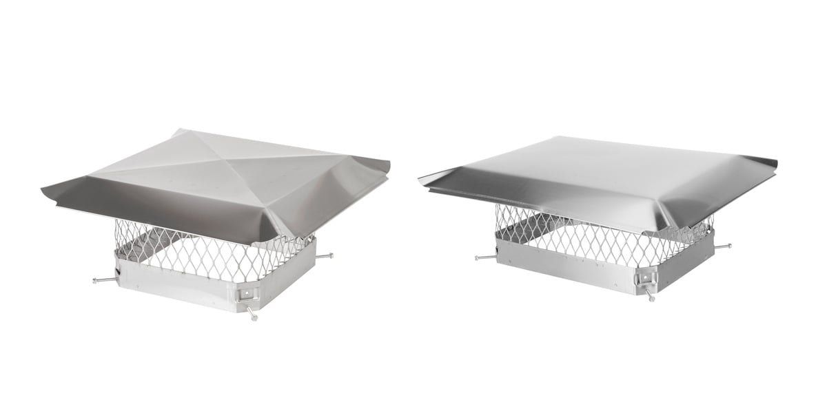 A square and rectangular stainless steel chimney cap sitting side by side against a white background