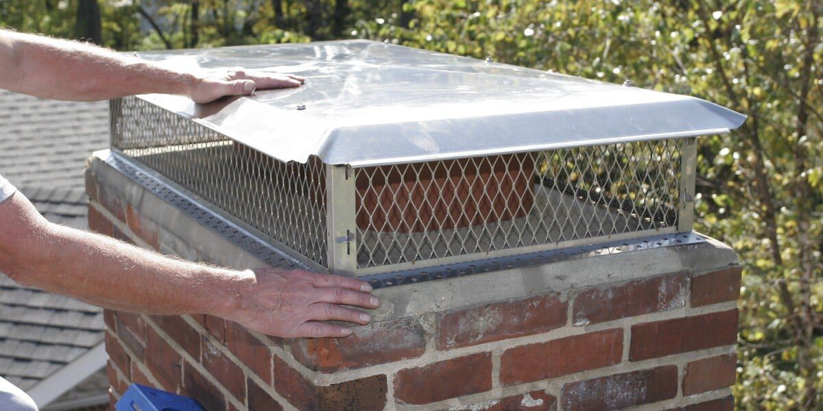 A stainless steel multi-flue chimney cap being installed on a chimney flue with trees in the background