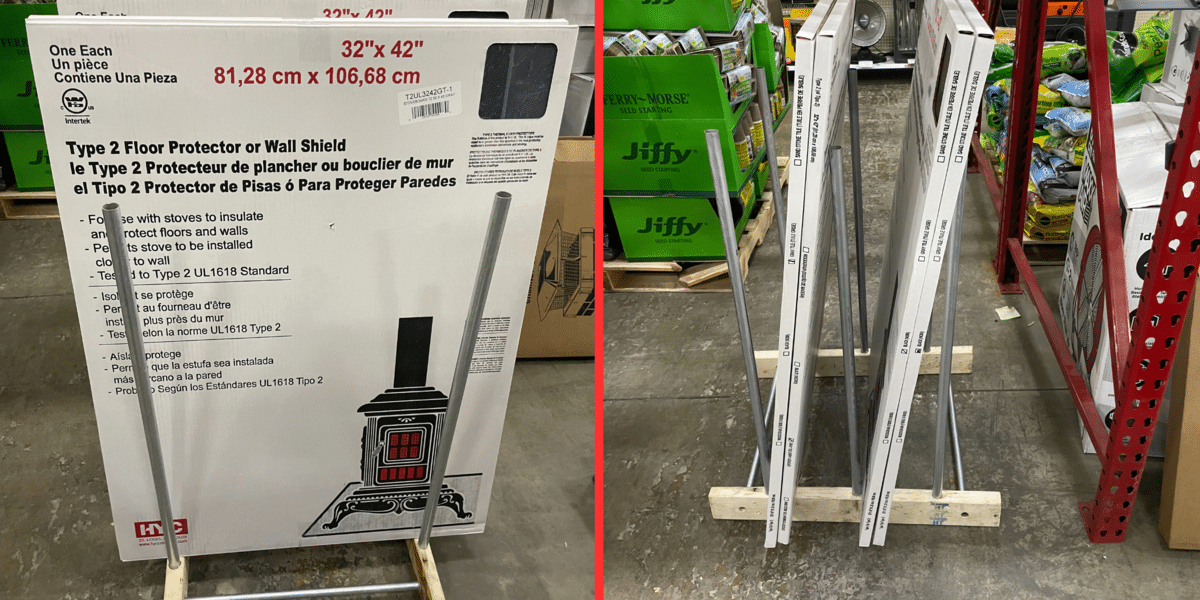 A rack of stove boards on a retail floor shown from two different angles (the front and the side)
