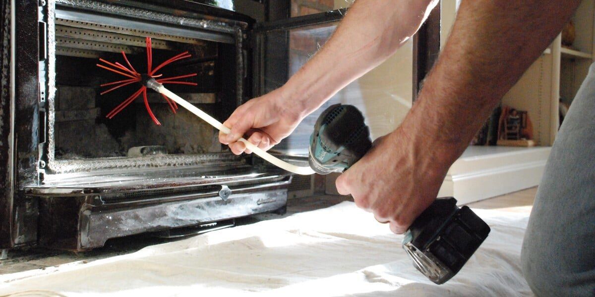 A man inserting a SootEater chimney cleaning whip head into an open fireplace