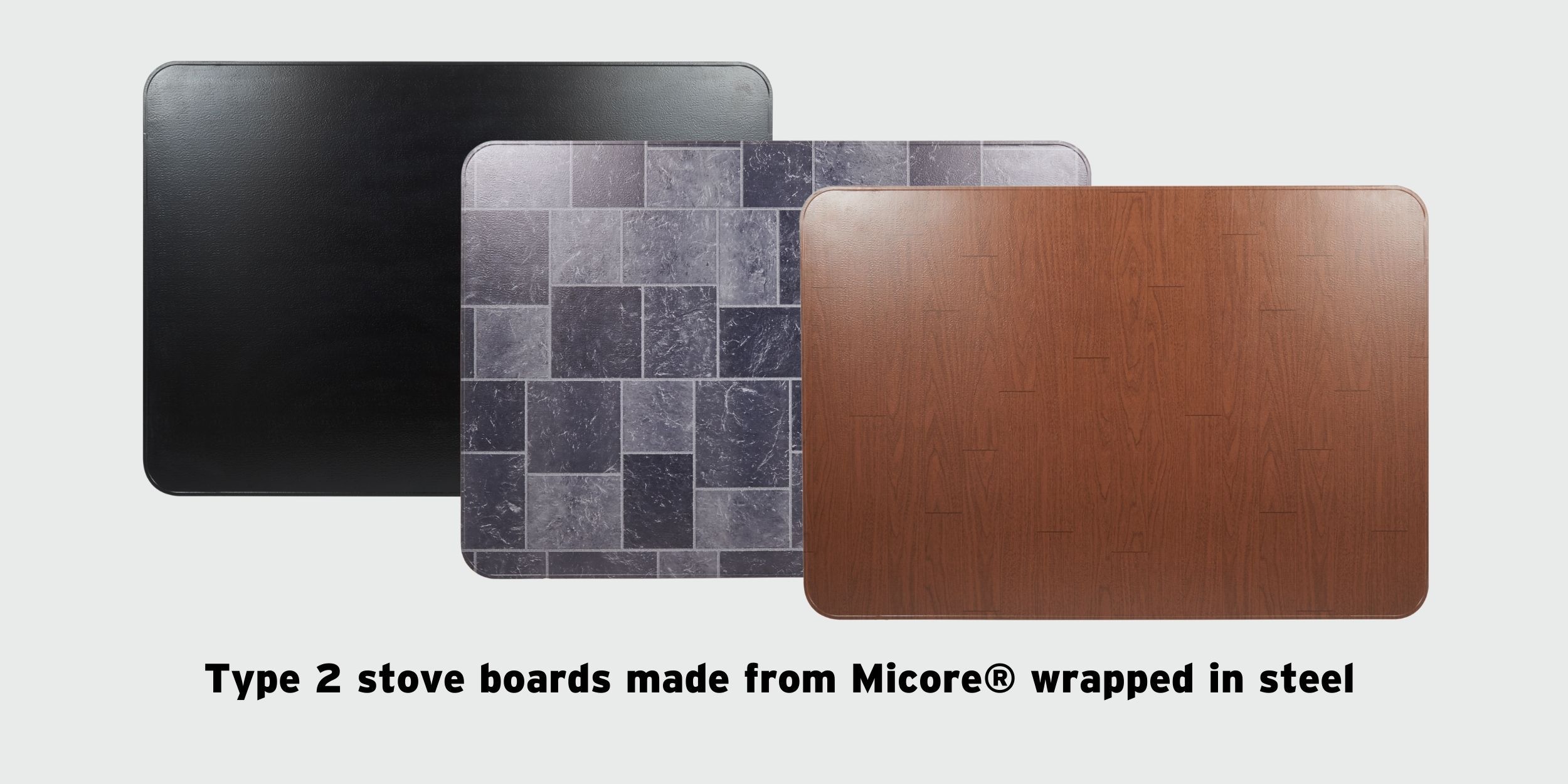 Three staggered type 2 stove boards with a woodgrain model on top, a gray slate model in the middle, and a black style on the bottom.