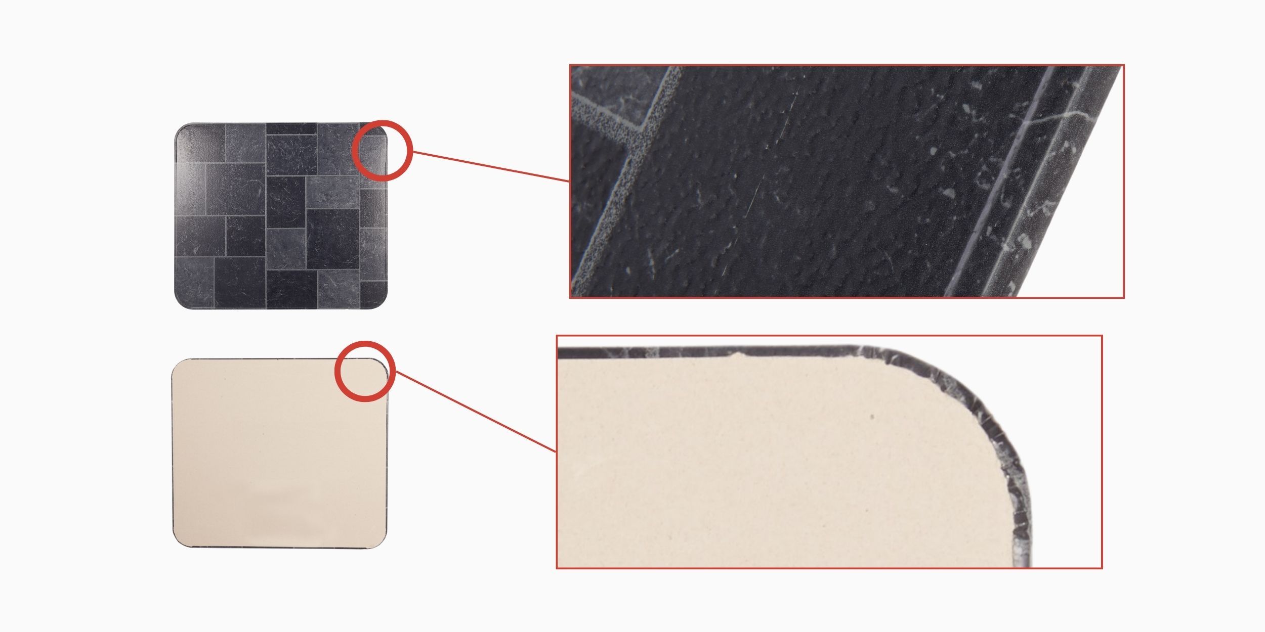 A blown-up image of the corner of a stove board showing the connection between its steel-wrapped face and fiber board base.