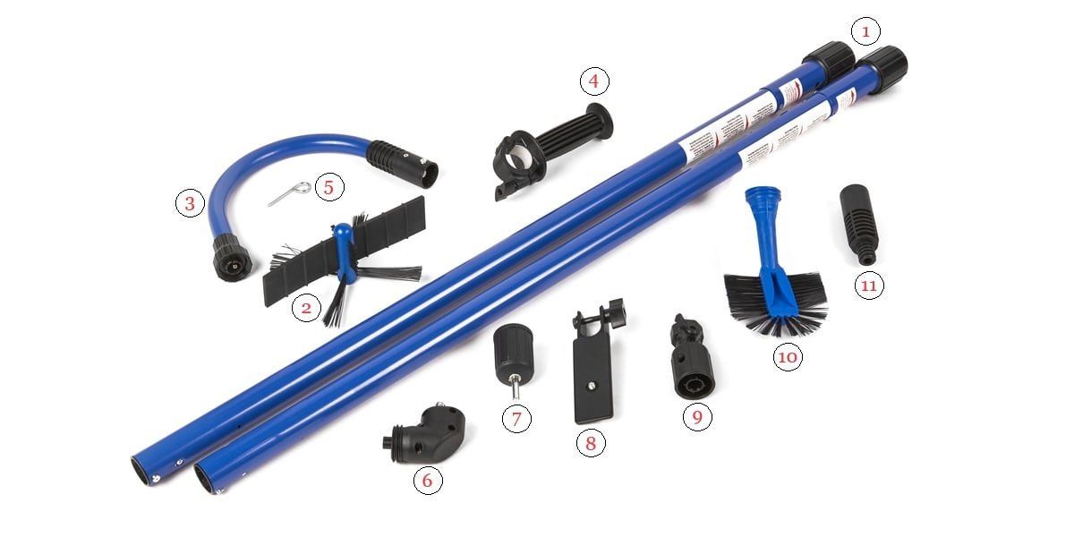 A layout of all the components included in a GutterSweep rotary gutter cleaning kit against a white background and labeled with a number 1 through 11