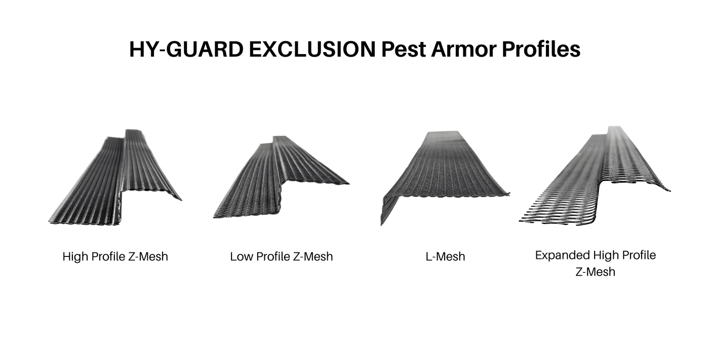 The profiles of each type of Pest Armor — High Profile Z-Mesh, Low Profile Z-Mesh, L-Mesh, and Expanded High Profile Z-Mesh — side by side against a white background