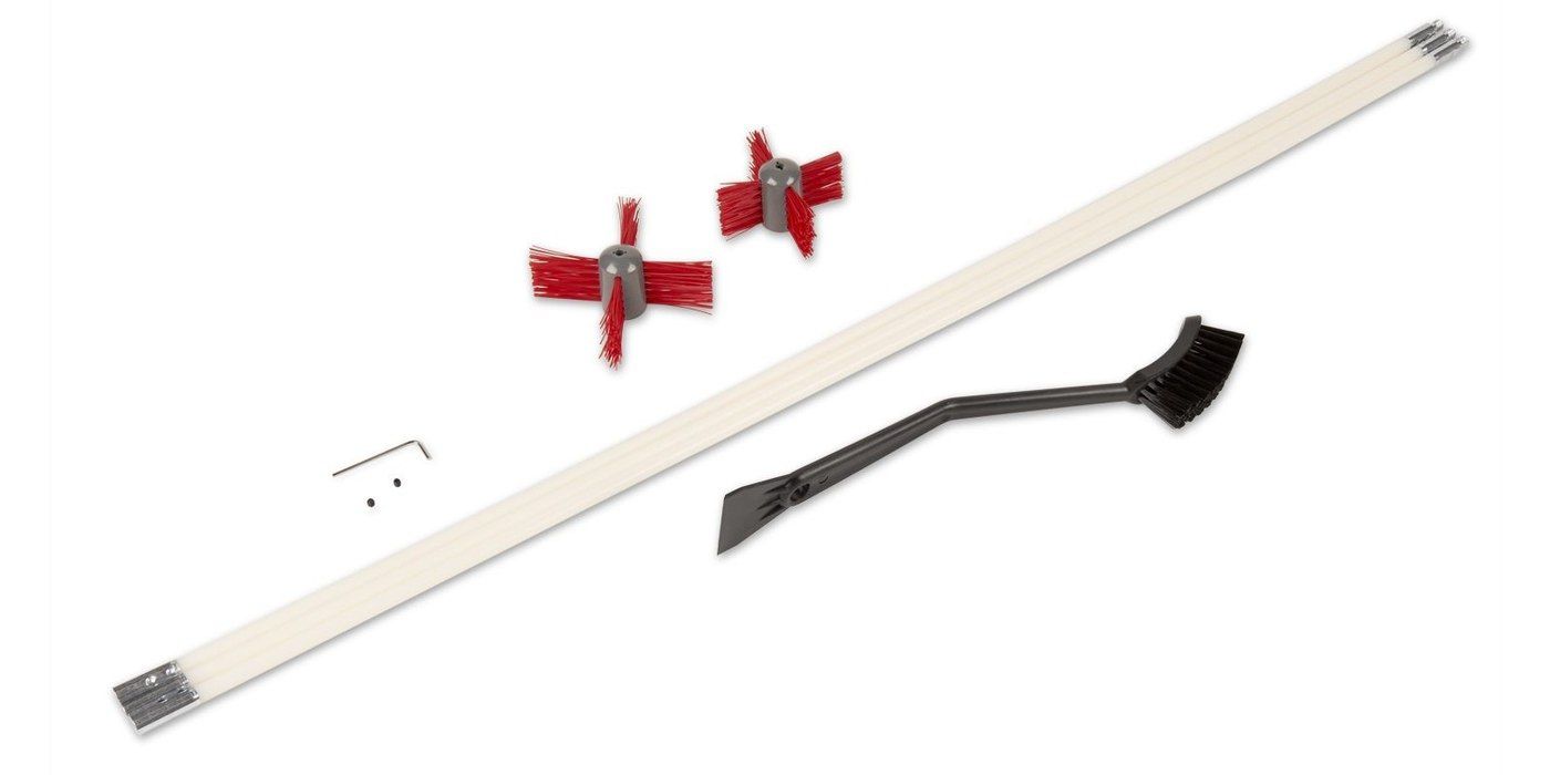 The contents of the SootEater pellet stove cleaning kit against a white background