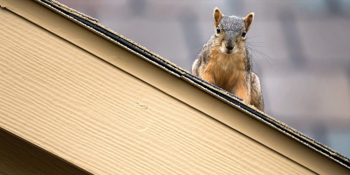 A squirrel on a roof top overlooking the fascia of a home