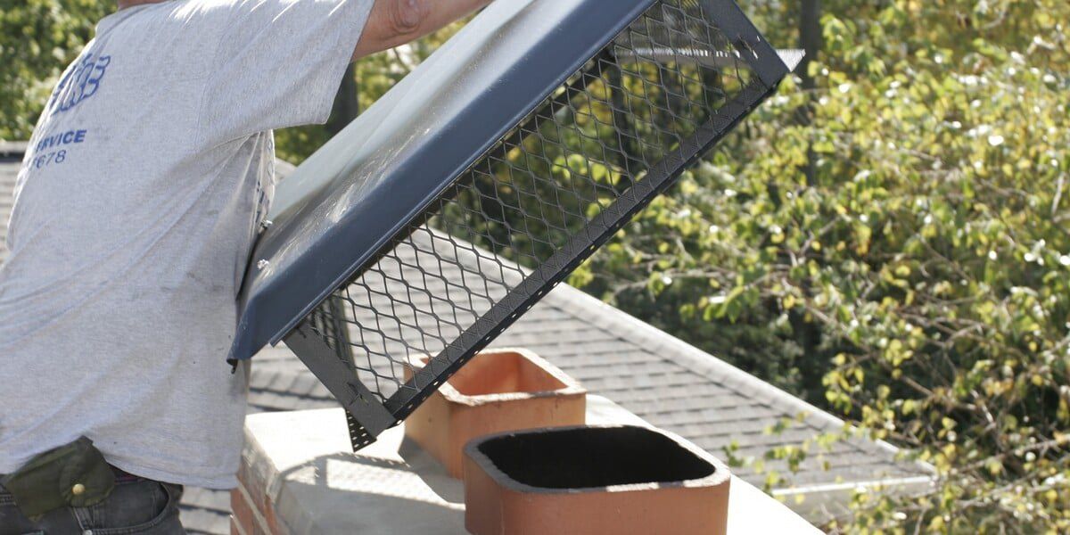 A roofer placing a black galvanized multi-flue chimney cap on top of a chimney crown on a roof with trees in the background
