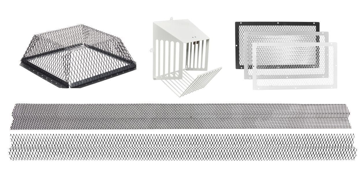 Various HY-GUARD EXCLUSION vent covers, screens, and guards laying down next to each other against a white background