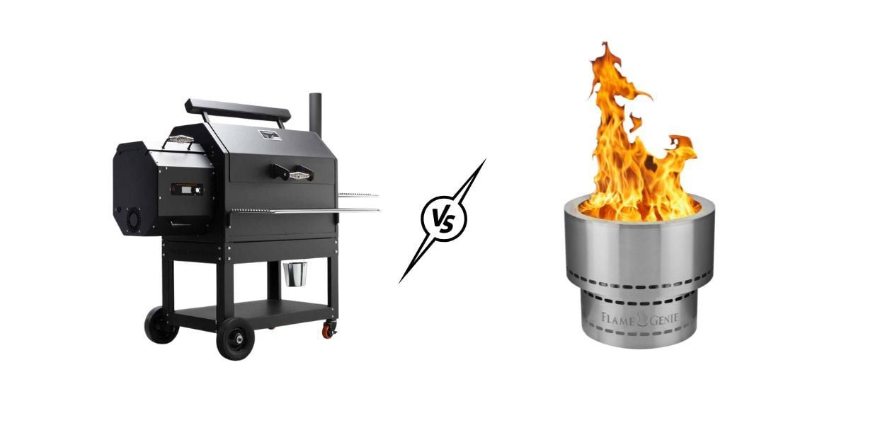 A pellet smoker on the right and a burning Flame Genie smokeless fireplace on the left with a "vs." symbol in the middle, all against a white background