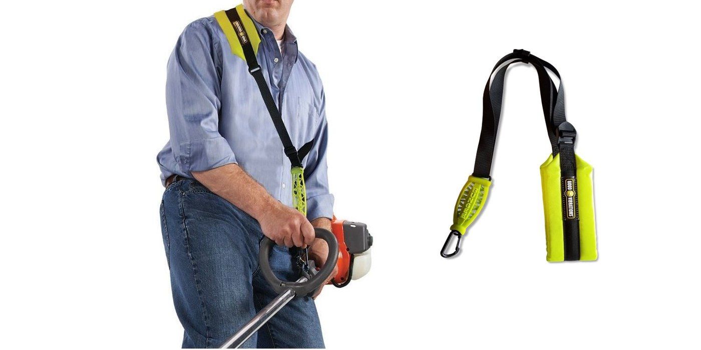 A man using a weed trimmer with a Good Vibrations Zero Gravity Weight Absorbing Trimmer Strap attached on a white background with a blown-up image of the same trimmer strap next to the man