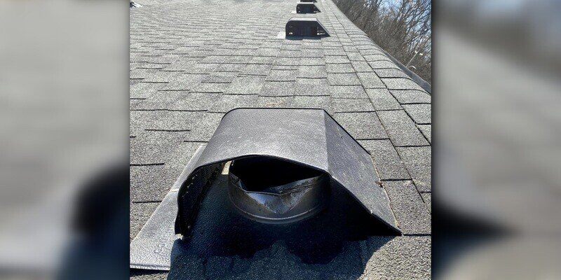 A series of static roof vents on a roof. The vent closest to the camera has had its side chewed through and removed by nuisance wildlife.
