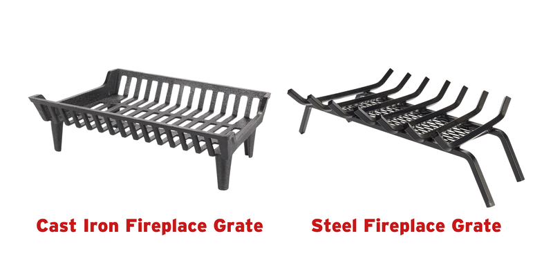 On the left is a cast iron fireplace grate. On the right is a steel fireplace grate. Both grates are labeled such with red text and displayed against a white background.