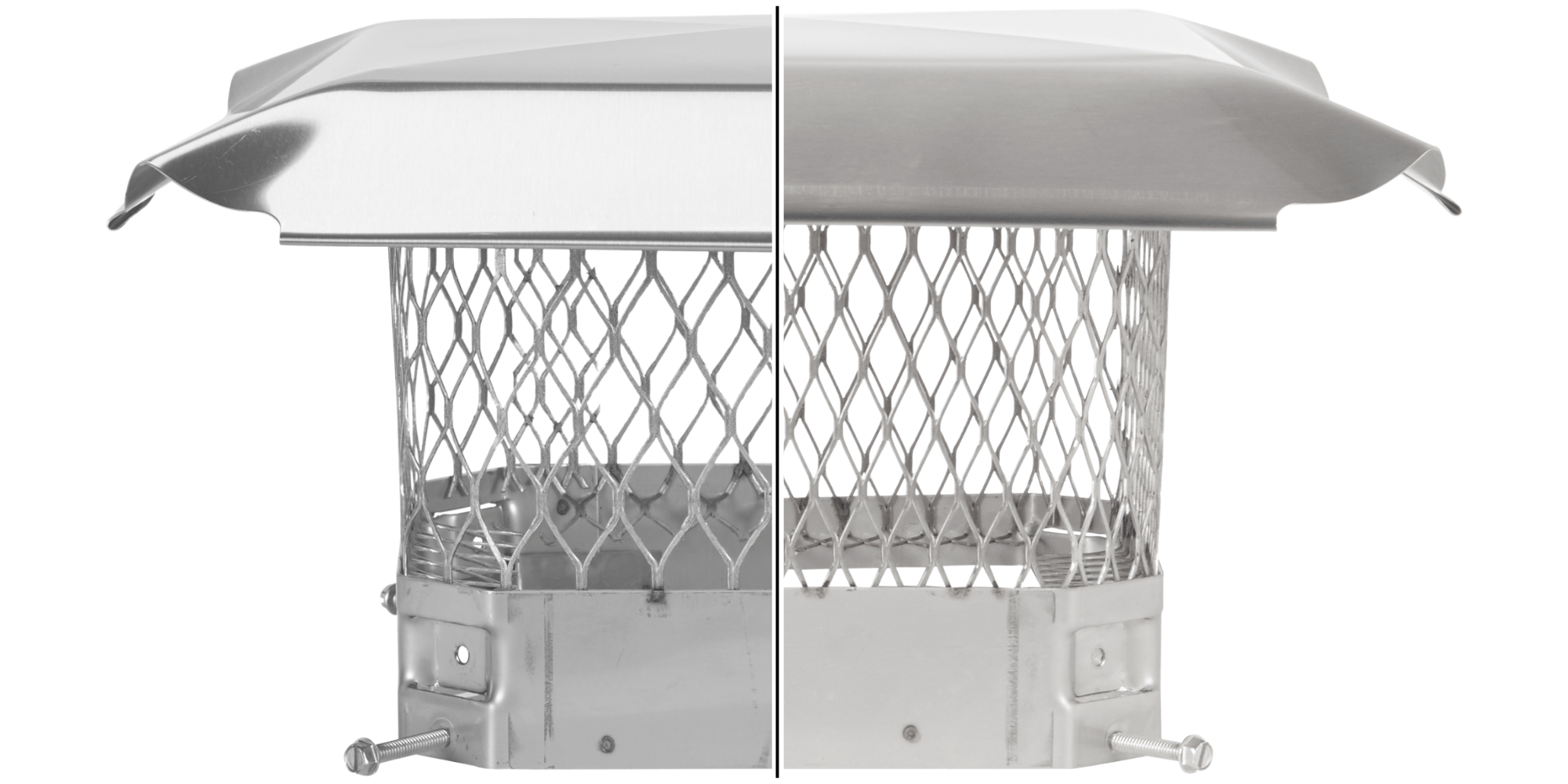 A side-by-side comparison showing one half of a chimney cap with five-eights-inch mesh and another half with three-fourths-inch mesh.