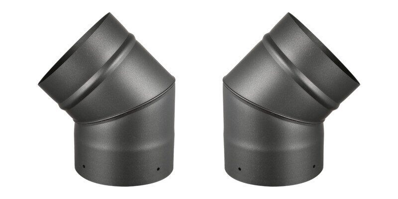 Two black 45-degree stove pipe elbows. They are facing opposite each other against a white background.