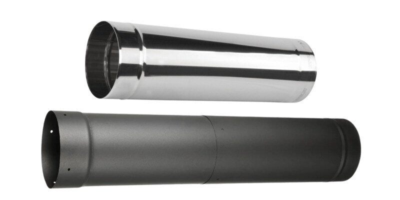 On top is a stainless steel chimney pipe. On bottom is a single-wall 24-gauge black stovepipe. Both pipes are parallel against a white background.