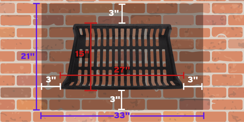 A top-down view of a G800-27 fireplace grate with markers demonstrating the dimensions of the grate and how it fits in a firebox.