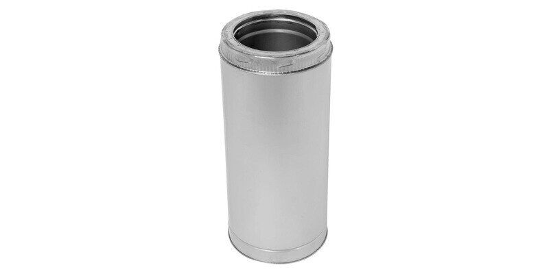 A section of Class A chimney pipe sitting vertically and displayed against a white background.