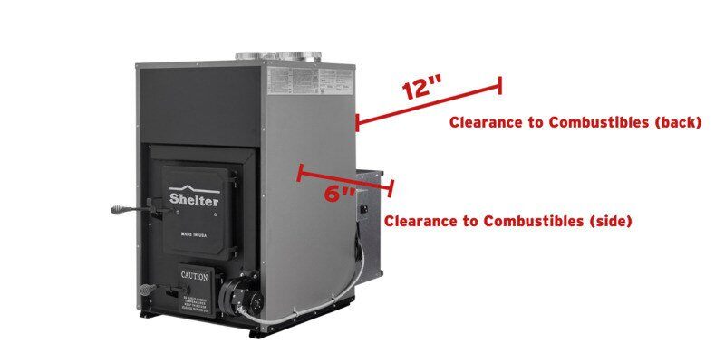 A Shelter SF1000E wood burning furnace displayed against a white background. Its side and back clearances to combustibles are displayed in red.