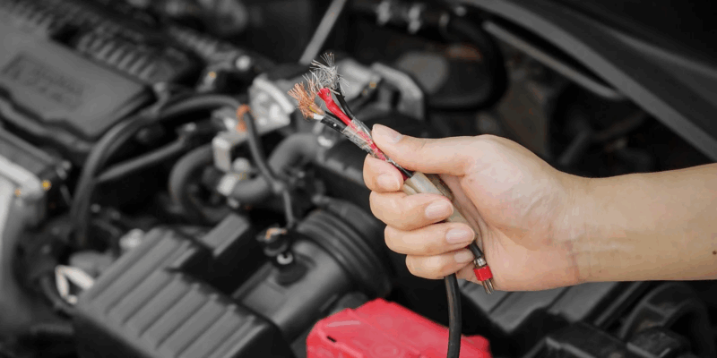 A man holding up a bundle of electrical wires from under the hood of a car. The wires have been chewed through by some kind of rodent.