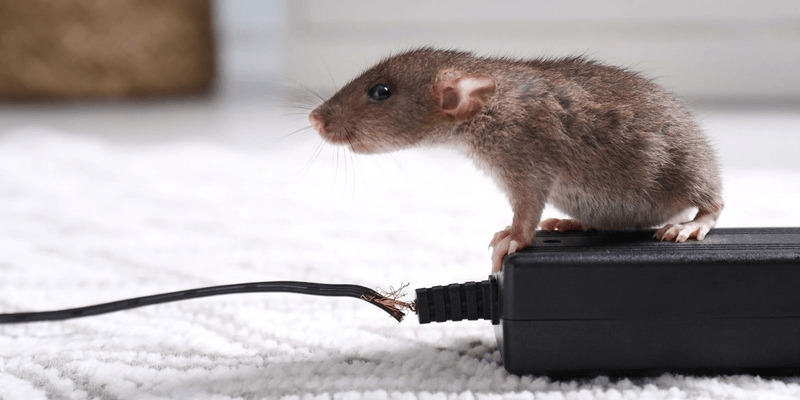 A mouse sitting on top of the bulky portion of a laptop charger. It has chewed through the wire of the charger.