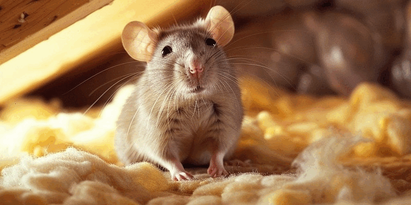 A mouse resting in an attic on top of yellow blown-in insulation. The mouse is looking curiously at the camera.