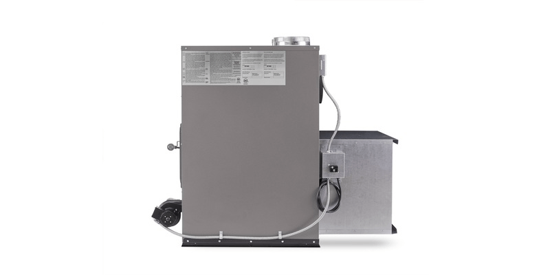 A profile view of a Shelter SF1000E wood burning furnace displayed against a white background.