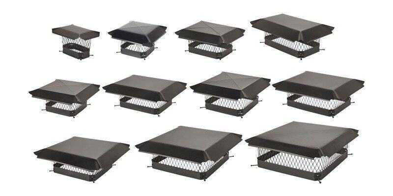 Thumbnails of all eleven Draft King Black Galvanized Steel Chimney Cap sizes against a white background.