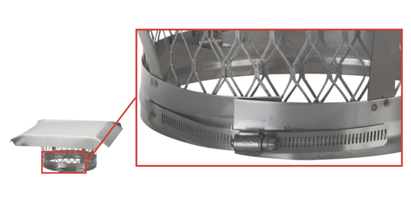 A close-up shot of the clamp-on gear system used to install a Draft King Single Flue Stainless Steel Chimney Liner Cap.