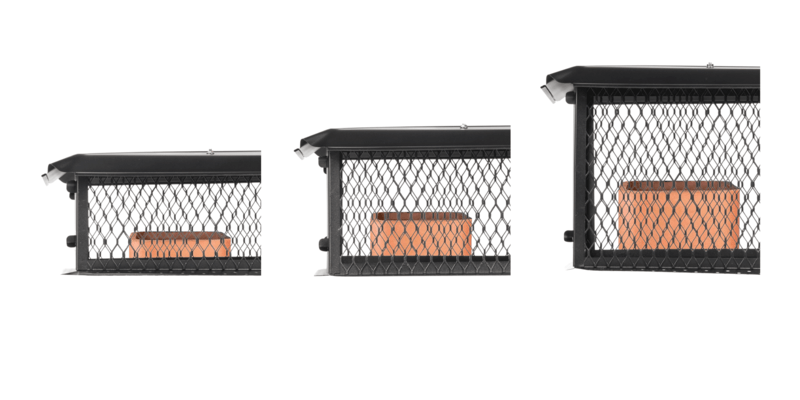 An 8-inch, 10-inch, and 14-inch Draft King BigTop Galvanized Steel Multi-Flue Chimney Cap. Each cap has a clay flue tile inside.