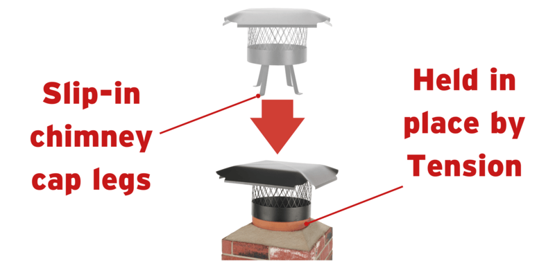 A before-and-after image showing the installation of a slip-in-style Draft King Galvanized Steel Round Chimney Cap.