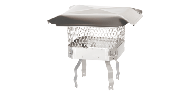 A stainless steel Draft King chimney cap with a stainless steel leg kit installed against a white background.