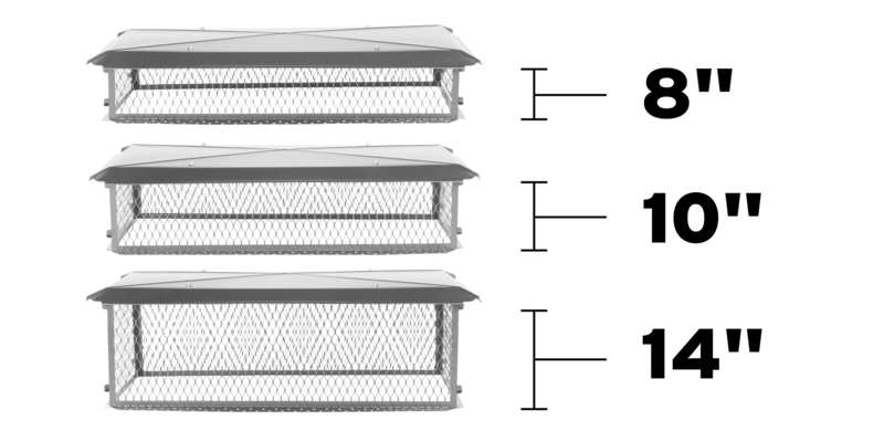 An image showing the three heights of the Draft King Stainless Steel Multi-Flue Chimney Cap: 8 inches, 10 inches, and 14 inches.