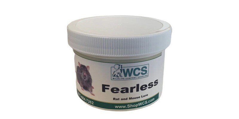 A can of Fearless rat and mouse lure from Wildlife Control Supplies shown against a white background.