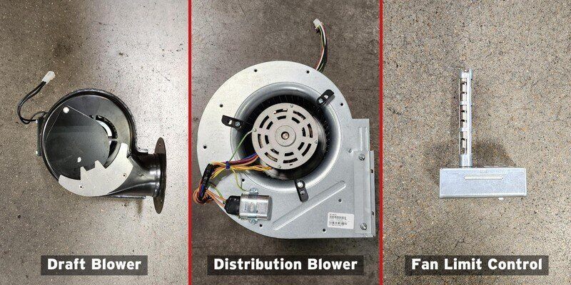From left to right: the draft blower, distribution blower, and fan limit control of a Fire Chief FC1000E and Shelter SF1000E wood burning furnace.