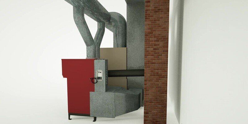 A 3D graphic of a Fire Chief wood burning furnace hooked up to HVAC ductwork and a masonry chimney.