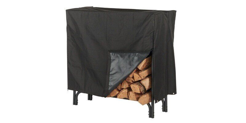A medium-sized Shelter firewood rack with a cover on top of it. The side of the cover is peeled up a bit revealing the logs underneath.