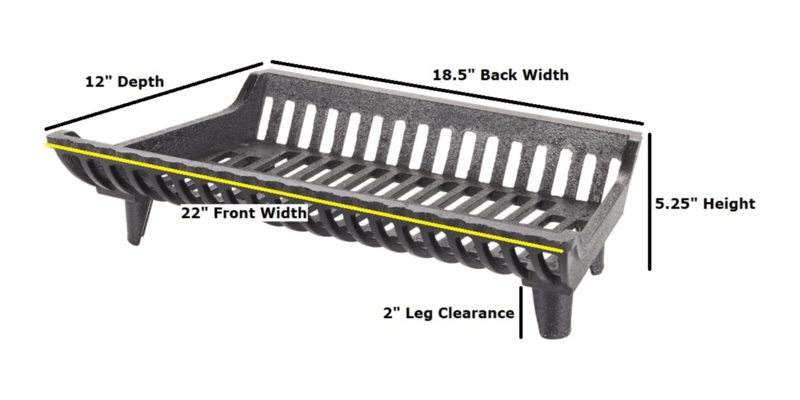 A Franklin G Series Fireplace Grate with labels and measurements denoting the front width, back width, depth, and height of the grate.