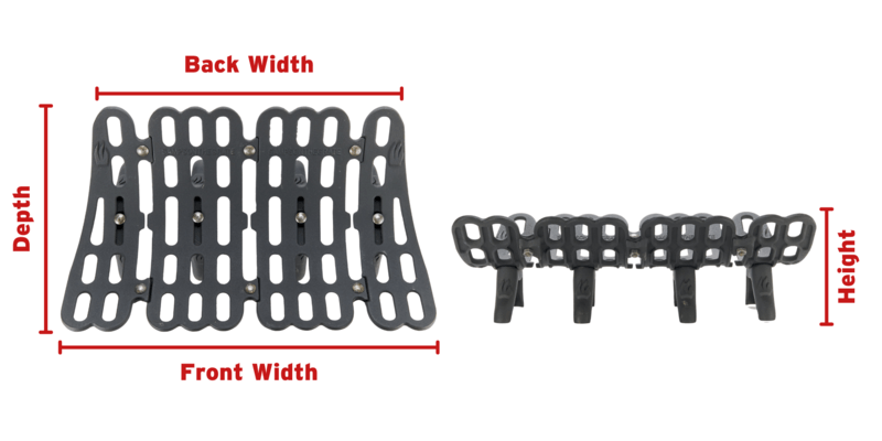 A top-down and front-on shot of a Liberty Foundry Co. fireplace grate with markers showing its front width, back width, depth, and height.