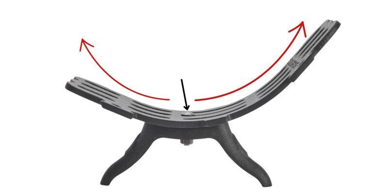 A side perspective of a G500 Series fireplace grate with red arrows indicating the adjustability of the grate's slope.