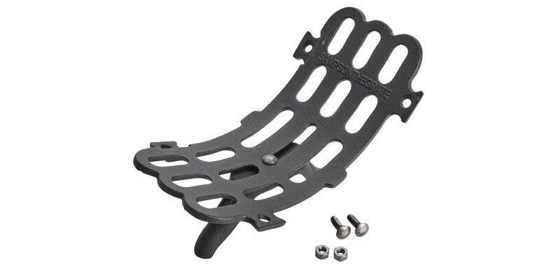 A shot of the G500 Series fireplace grate extender piece against a white background. Two nuts and bolts lie next to the extender.