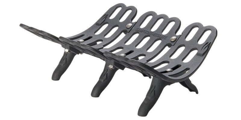 A side-angle shot of a Liberty Foundry Co. G500 Series fireplace grate against a white background.