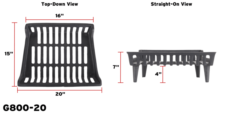 A top-down and straight-on view of the G800-20 fireplace grate with markers showing the dimensions (in inches) of the grate.
