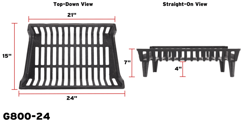 A top-down and straight-on view of the G800-24 fireplace grate with markers showing the dimensions (in inches) of the grate.
