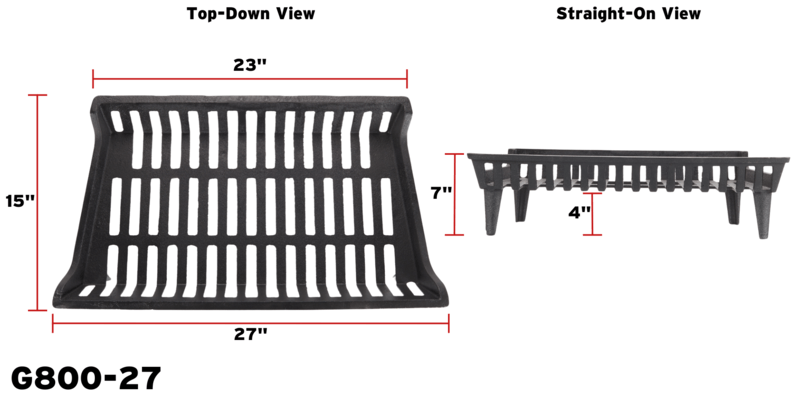 A top-down and straight-on view of the G800-27 fireplace grate with markers showing the dimensions (in inches) of the grate.