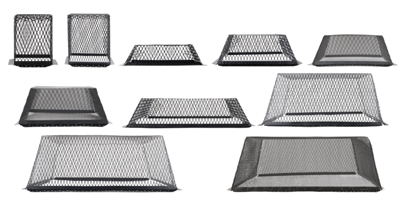 All 10 sizes of HY-GUARD EXCLUSION black galvanized steel roof vent covers displayed as thumbnail images against a white background.