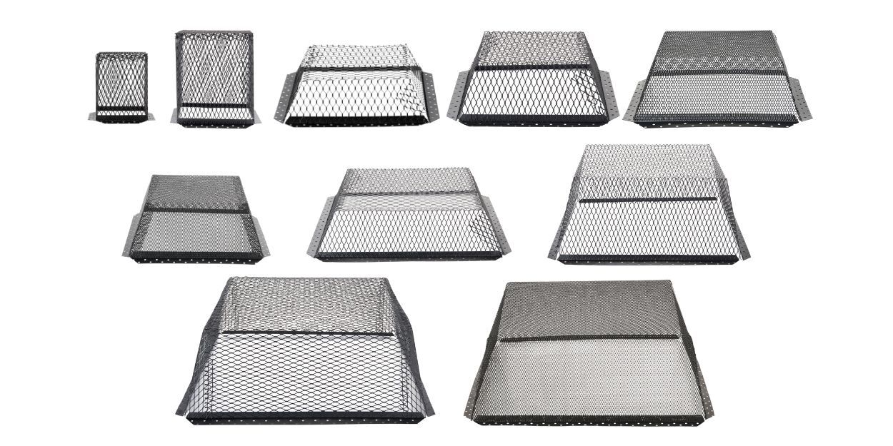 The entire family of all 10 sizes of black galvanized HY-GUARD EXCLUSION roof vent guards on display against a white background.