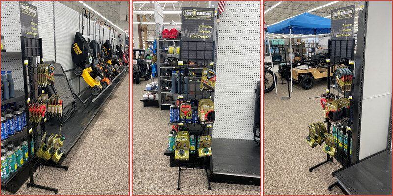 Three side-by-side vertical images showing a Good Vibrations product display rack at a Farm King retail location.