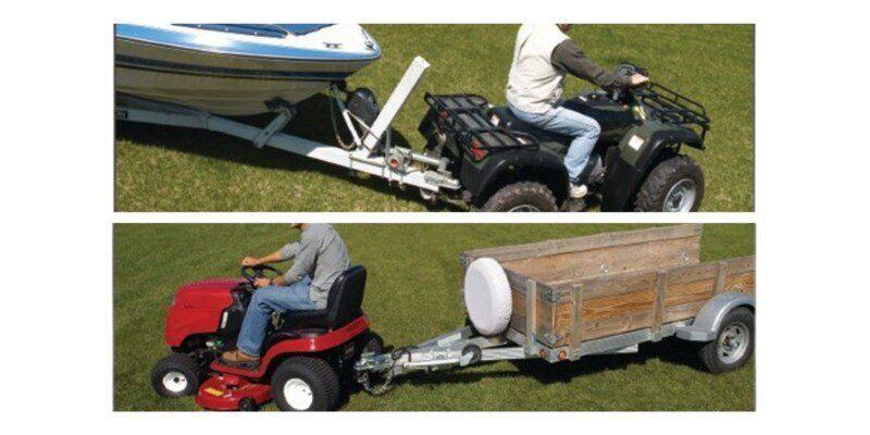 On the top is a man riding an ATV towing a boat. On the bottom is a man riding a tractor towing a cart. Both are using the Hitchin' Post Plus.