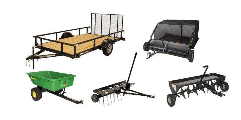 Various riding mower and lawn tractor attachments displayed against a white background.