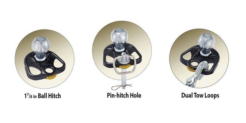 Three thumbnail images of the Good Vibrations Hitchin' Post Plus visualizing the three towing methods it's capable of.